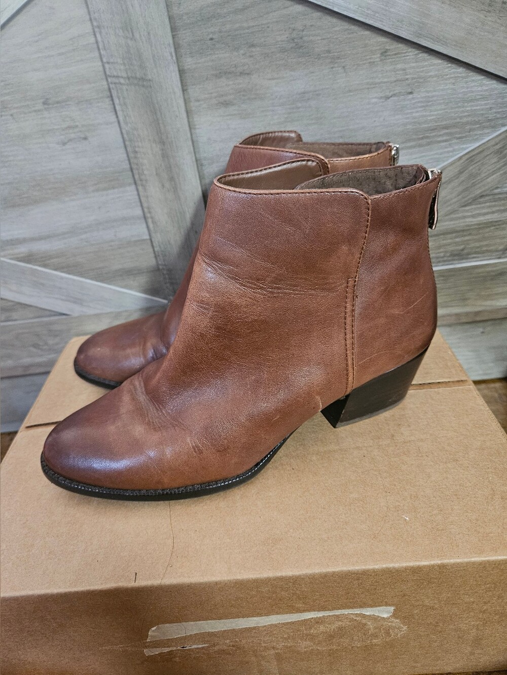 ANTONIO MELANI Tan Leather Ankle Booties with Block Heel